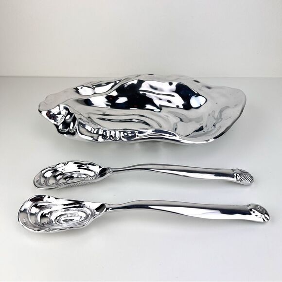 BEATRIZ BALL Oyster Bowl Ocean Platter 15” Aluminum With Two Spoons - Picture 2 of 16